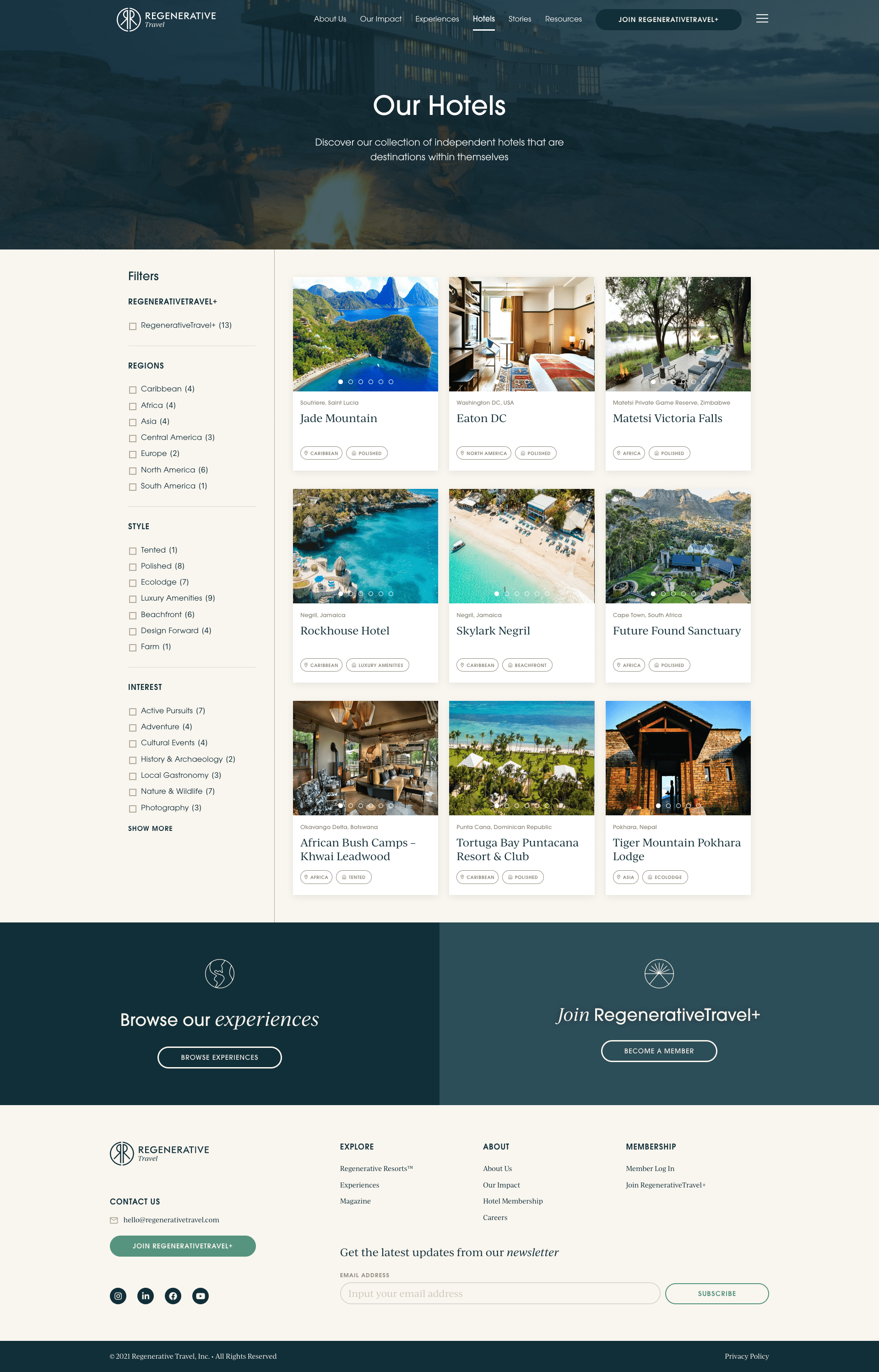 Listing grid for Hotels on the Regenerative Travel Website.