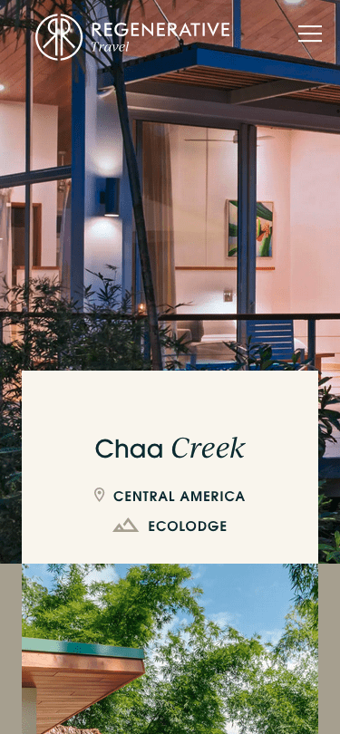 Chaa Creek listing page on the Regenerative Travel mobile view website.