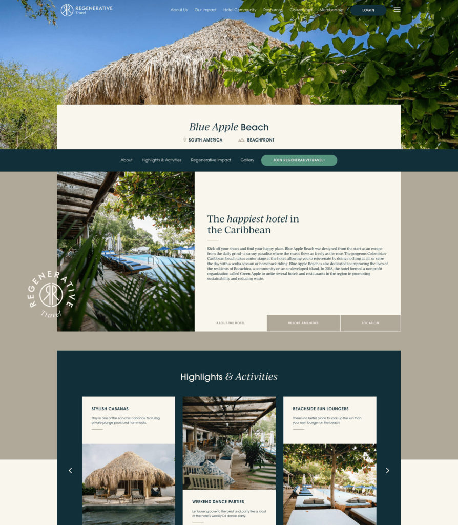 Blue Apple Beach listing page on Regenerative Travel website.